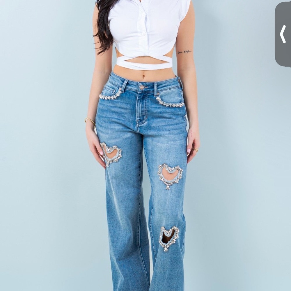 Embellished Heart Cutout Blue Jeans